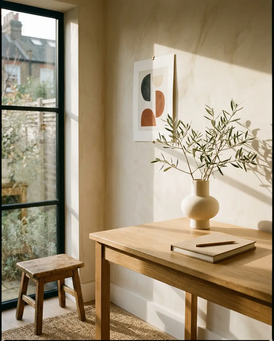 A sunlit creative workspace with warm wood, notebooks, and a sculptural ceramic vase